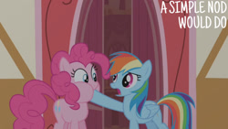 Size: 1280x720 | Tagged: safe, derpibooru import, edit, edited screencap, editor:quoterific, screencap, pinkie pie, rainbow dash, earth pony, pegasus, pony, griffon the brush off, season 1, duo, female, mare, open mouth, ponyville town hall, text