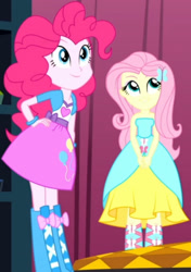 Size: 1920x2730 | Tagged: safe, derpibooru import, screencap, fluttershy, pinkie pie, eqg summertime shorts, equestria girls, make up shake up, bare shoulders, clothes, cropped, cutie mark on clothes, duo, duo female, fall formal outfits, female, hairpin, hand on hip, sleeveless, smiling, strapless