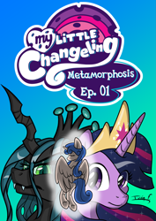 Size: 2481x3508 | Tagged: safe, artist:memprices, derpibooru import, queen chrysalis, twilight sparkle, twilight sparkle (alicorn), oc, oc:princess heart love, alicorn, changeling, changeling queen, pony, comic:metamorphosis, behind, comic, cover, crown, eye clipping through hair, eyebrows, eyebrows visible through hair, female, frown, high res, jewelry, logo, looking at you, my little x, older, older twilight, regalia, simple background, wings