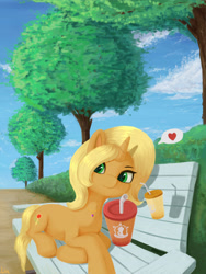 Size: 3543x4724 | Tagged: safe, artist:lin feng, derpibooru import, sunflower spectacle, pony, unicorn, bench, cute, drink, female, heart, lying down, mare, prone, solo, speech bubble, tree