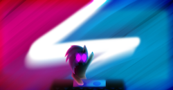 Size: 6560x3400 | Tagged: safe, artist:toxinagraphica, derpibooru import, dj pon-3, vinyl scratch, pony, unicorn, absurd resolution, concert, desk, disc jockey, female, glowing, glowing eyes, lightning, mare, minimalist, solo, vinyl scratch's glasses, wallpaper