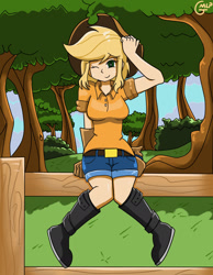 Size: 1280x1646 | Tagged: safe, artist:genericmlp, derpibooru import, applejack, human, clothes, fence, hat, humanized, shirt, shorts, solo