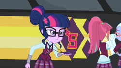 Size: 3410x1920 | Tagged: safe, derpibooru import, screencap, sci-twi, sour sweet, sugarcoat, twilight sparkle, equestria girls, friendship games, eyes closed, female, glasses, high res, magic capture device, offscreen character