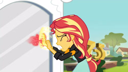 Size: 3410x1920 | Tagged: safe, derpibooru import, screencap, sunset shimmer, equestria girls, friendship games, clothes, eyes closed, female, high res, jacket, leather, leather jacket, solo, statue, teeth