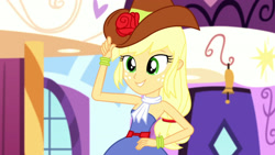 Size: 3410x1920 | Tagged: safe, derpibooru import, screencap, applejack, eqg summertime shorts, equestria girls, make up shake up, bare shoulders, cowboy hat, fall formal outfits, female, hand on hip, hat, high res, sleeveless, smiling, solo, strapless