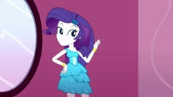 Size: 3410x1920 | Tagged: safe, derpibooru import, screencap, rarity, eqg summertime shorts, equestria girls, make up shake up, bare shoulders, bracelet, fall formal outfits, female, hairpin, high res, jewelry, mirror, sleeveless, smiling, solo