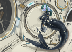 Size: 8490x6131 | Tagged: safe, artist:龙宠, derpibooru import, oc, oc only, oc:shanher, anthro, dragon, mermaid, absurd resolution, black mermaid suit, breasts, clothes, dragoness, female, fins, horn, latex, latex mermaid suit, latex suit, mermaid suit, mermaid tail, mermaidized, solo, space, space station, spacesuit, transformation, weightlessness