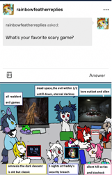 Size: 1175x1820 | Tagged: safe, artist:ask-luciavampire, derpibooru import, oc, demon, demon pony, pegasus, pony, undead, unicorn, vampire, vampony, werewolf, ask, ask-ponys-gamer-club, tumblr, video game