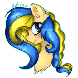 Size: 604x604 | Tagged: safe, artist:arta-the-pony, derpibooru import, oc, oc only, oc:ukraine, earth pony, pony, bust, ear fluff, ears, earth pony oc, female, mare, nation ponies, portrait, signature, simple background, smiling, solo, ukraine, white background