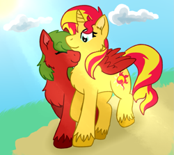 Size: 1237x1101 | Tagged: safe, artist:islomanian, derpibooru import, sunset shimmer, oc, pegasus, pony, unicorn, canon x oc, cheek fluff, chest fluff, duo, duo female, ear fluff, ears, eyes closed, female, hooves, horn, hug, lesbian, mare, outdoors, pegasus oc, shipping, smiling, tail, two toned mane, two toned tail, unnamed oc, unshorn fetlocks, walking, winghug, wings