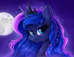 Size: 2592x2016 | Tagged: safe, artist:zeepheru_pone, derpibooru import, princess luna, alicorn, pony, bust, chest fluff, ear fluff, ears, ethereal mane, female, high res, looking at you, mare, moon, peytral, portrait, smiling, smiling at you, solo, starry mane