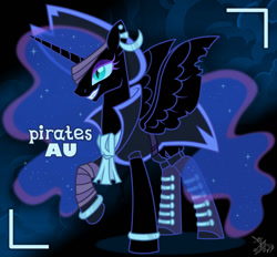 Size: 1280x1190 | Tagged: safe, artist:syriskater, derpibooru import, nightmare moon, alicorn, pony, alternate hairstyle, alternate universe, bandage, boots, bracelet, clothes, coat, ear piercing, earring, eyepatch, eyeshadow, female, grin, hat, jewelry, makeup, mare, piercing, pirate, pirate hat, raised hoof, raised leg, shoes, smiling, solo