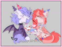 Size: 2048x1568 | Tagged: safe, artist:blairvonglitter, derpibooru import, oc, oc only, oc:poneco, bat pony, pegasus, pony, duo, duo female, exclamation point, eyes closed, female, gray background, happy birthday, hat, heart, hello kitty, mare, open mouth, party hat, sanrio, simple background, wings