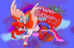 Size: 1190x775 | Tagged: safe, artist:hanamario87, derpibooru import, oc, oc only, oc:poneco, pegasus, pony, clothes, female, happy birthday, hat, mare, mouse cursor, party hat, socks, solo, spread wings, wings