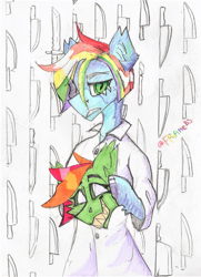 Size: 1353x1872 | Tagged: safe, artist:settt, derpibooru import, oc, pony, knife, mask, photo, solo, traditional art