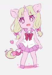 Size: 1021x1480 | Tagged: safe, artist:moh_mlp2, derpibooru import, oc, oc only, oc:yuno, anthro, unguligrade anthro, unicorn, clothes, cute, female, food, gray background, heart, horn, looking at you, mare, ocbetes, open mouth, ribbon, school uniform, simple background, skirt, solo, strawberry