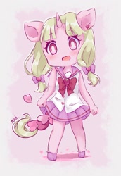 Size: 1021x1480 | Tagged: safe, artist:moh_mlp2, derpibooru import, oc, oc only, oc:yuno, anthro, unguligrade anthro, unicorn, clothes, cute, female, food, heart, horn, looking at you, mare, ocbetes, open mouth, ribbon, school uniform, skirt, solo, strawberry