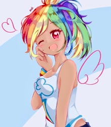 Size: 1791x2048 | Tagged: safe, artist:moh_mlp2, derpibooru import, rainbow dash, human, bare shoulders, blue background, breasts, clothes, cute, cutie mark on clothes, dashabetes, female, heart, humanized, kotobukiya, kotobukiya rainbow dash, looking at you, one eye closed, open mouth, simple background, sleeveless, solo, wings, wink, winking at you