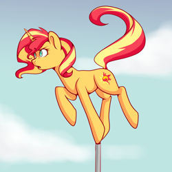 Size: 1024x1024 | Tagged: safe, artist:maeveadair, derpibooru import, sunset shimmer, pony, unicorn, balancing, confused, cute, pole, shimmerbetes, sky, solo