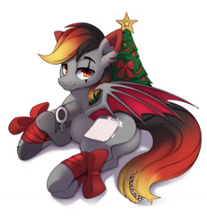 Size: 1185x1280 | Tagged: safe, artist:hitbass, derpibooru import, oc, oc:traga, bat pony, cyborg, pony, christmas, christmas tree, cute, fangs, holiday, simple background, slit eyes, solo, tail, tailmouth, tree, white background