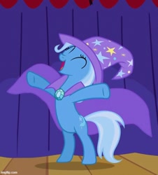 Size: 546x605 | Tagged: safe, derpibooru import, edit, edited screencap, screencap, trixie, pony, unicorn, boast busters, bipedal, cape, clothes, cropped, female, hat, solo, trixie's cape, trixie's hat