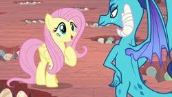 Size: 1280x720 | Tagged: safe, derpibooru import, screencap, fluttershy, princess ember, dragon, pegasus, pony, sweet and smoky, dragon egg, dragoness, duo, duo female, egg, female, hand on hip, mare