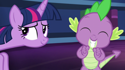 Size: 1280x720 | Tagged: safe, derpibooru import, screencap, spike, twilight sparkle, twilight sparkle (alicorn), alicorn, dragon, pony, season 5, what about discord?, ^^, cute, duo, excited, eyes closed, happy, smiling, spikabetes, twilight's castle