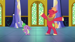 Size: 1280x720 | Tagged: safe, derpibooru import, screencap, big macintosh, spike, dragon, earth pony, pony, dungeons and discords, season 6, big macintosh's yoke, bipedal, duo, duo male, excited, horse collar, male, raised hoof, raised leg, stallion, twilight's castle