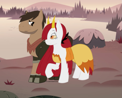 Size: 811x649 | Tagged: safe, derpibooru import, pony, clothes, dress, duo, forest, hekapoo, lake, marcapoo, marco diaz, ponified, star vs the forces of evil