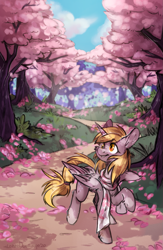 Size: 1105x1698 | Tagged: safe, artist:lonerdemiurge_nail, derpibooru import, derpy hooves, alicorn, pony, alicornified, cherry blossoms, clothes, derpicorn, flower, flower blossom, race swap, scarf, solo, tree