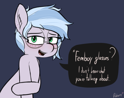 Size: 1589x1261 | Tagged: safe, artist:pinkberry, derpibooru import, oc, oc only, oc:winter azure, earth pony, pony, bashful, blatant lies, colt, dialogue, dialogue box, femboy, foal, freckles, girly, glasses, green eyes, looking at you, male, round glasses, solo, speech, speech bubble, talking, text, trap