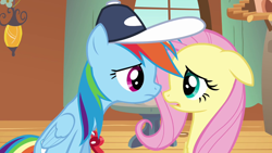 Size: 1280x720 | Tagged: safe, derpibooru import, screencap, fluttershy, rainbow dash, pegasus, pony, hurricane fluttershy, coach rainbow dash, coaching cap, coaching whistle, duo, frown, looking at each other, looking at someone