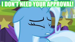 Size: 1280x720 | Tagged: safe, derpibooru import, edit, edited screencap, screencap, trixie, no second prances, blatant lies, caption, image macro, text