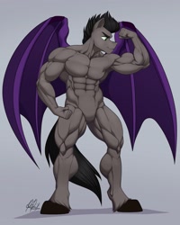 Size: 1639x2048 | Tagged: safe, artist:ponyanony, derpibooru import, oc, oc only, anthro, bat pony, unguligrade anthro, barbie doll anatomy, biceps, featureless crotch, flexing, male, muscles, pecs, solo, triceps