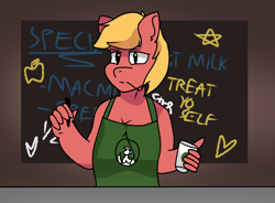 Size: 770x568 | Tagged: safe, artist:str8aura-draws-horses-and-stuff, derpibooru import, big macintosh, anthro, chalkboard, heart, holding pen, iced latte with breast milk, implied sex, meme, rule 63, starbucks, stars, twilight sparkle's secret shipfic folder