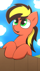 Size: 2160x3840 | Tagged: safe, artist:monycaalot, derpibooru import, oc, oc:golden blast, pegasus, art trade, cloud, cute, fence, green eyes, high res, looking up, male, open mouth, pegasus oc, simple background, sky, solo
