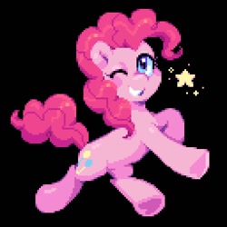 Size: 640x640 | Tagged: safe, artist:hikkage, derpibooru import, pinkie pie, earth pony, pony, black background, cute, diapinkes, female, mare, one eye closed, pixel art, simple background, smiling, solo, stars, wink
