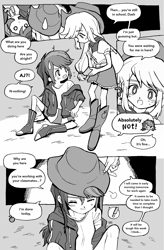 Size: 1430x2180 | Tagged: safe, artist:0828m, derpibooru import, applejack, rainbow dash, equestria girls, appledash, applejack's hat, clothes, comic, cowboy hat, duo, duo female, female, hat, lesbian, manga, monochrome, shipping, speech bubble