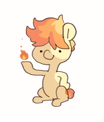 Size: 693x809 | Tagged: safe, artist:ruri0824tby, derpibooru import, oc, oc only, oc:flame egg, earth pony, pony, coat markings, female, fire, mare, simple background, sitting, smiling, solo, super powers, white background