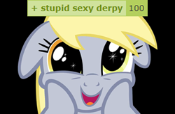 Size: 320x210 | Tagged: safe, derpibooru import, edit, derpy hooves, pegasus, pony, the crystal empire, 100, best pony, caption, derpibooru, derpimilestone, dilated pupils, faic, female, image macro, mare, meta, milestone, open mouth, smiling, solo, stupid sexy derpy, tags, text