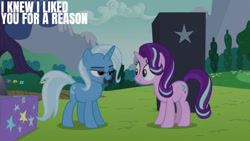 Size: 1280x720 | Tagged: safe, derpibooru import, edit, edited screencap, editor:quoterific, screencap, starlight glimmer, trixie, pony, unicorn, no second prances, season 6, duo, female, mare, open mouth, open smile, smiling, text