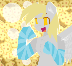 Size: 1168x1076 | Tagged: safe, artist:pinkiemenas, derpibooru import, derpy hooves, pegasus, chest fluff, clothes, ear fluff, ears, food, muffin, open mouth, open smile, smiling, socks, solo, spread wings, striped socks, wings