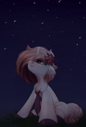 Size: 804x1200 | Tagged: safe, artist:melodylibris, derpibooru import, oc, oc only, pony, unicorn, chest fluff, flower, flower in hair, looking up, necktie, night, solo, stars