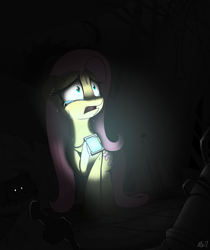 Size: 2480x2953 | Tagged: safe, artist:questionmarkdragon, derpibooru import, fluttershy, mouse, pegasus, pony, crying, dark, ears, female, floppy ears, high res, lost, mare, scared, solo, story in the source