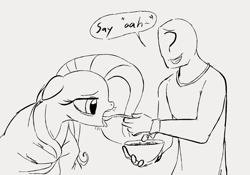 Size: 886x619 | Tagged: safe, artist:dotkwa, derpibooru import, fluttershy, oc, oc:anon, human, pegasus, pony, blanket, bowl, ears, feeding, female, floppy ears, food, grayscale, male, mare, monochrome, open mouth, sick, soup, spoon