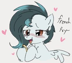 Size: 423x373 | Tagged: safe, artist:dotkwa, derpibooru import, oc, oc only, oc:ethereal pelagia, pegasus, pony, drool, female, filly, floating heart, foal, food, french fries, gray background, heart, hoof hold, simple background, solo