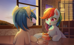 Size: 2850x1750 | Tagged: safe, artist:emeraldgalaxy, derpibooru import, rainbow dash, oc, oc:dopami korpela, pegasus, pony, unicorn, beverage, cafe, cake, canon x oc, chalkboard, chest fluff, coffee, coffee cup, commission, cup, cute, dashabetes, dating, dopadash, female, food, horn, indoors, looking at each other, looking at someone, male, mare, mixed berry cake, shipping, sitting, stallion, straight, table, unicorn oc, window