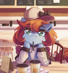 Size: 3787x4025 | Tagged: safe, artist:saxopi, derpibooru import, oc, oc only, earth pony, semi-anthro, baseball cap, blurry background, bow, braided pigtails, brown mane, brown tail, cap, clothes, colored pupils, drink, drinking straw, earth pony oc, eye clipping through hair, eyebrows, eyebrows visible through hair, eyelashes, hat, high res, hoof on chin, looking at you, oc name needed, plastic cup, seat, signature, solo, table, tail