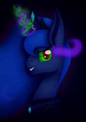 Size: 1748x2480 | Tagged: safe, artist:victoria-luna, derpibooru import, princess luna, alicorn, pony, black background, corrupted, corrupted luna, dark magic, glowing, glowing horn, horn, jewelry, magic, peytral, simple background, solo, sombra eyes, tiara, translated in the description, translation