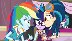 Size: 3410x1920 | Tagged: safe, derpibooru import, screencap, dj pon-3, indigo zap, rainbow dash, sci-twi, twilight sparkle, vinyl scratch, equestria girls, friendship games, clothes, cutie mark on clothes, female, glasses, high res, magic capture device, open mouth, open smile, smiling